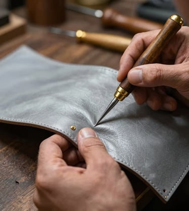 A close-up photograph of a master craftsman's hands working on a premium leather item in a Western European atelier. The lighting is warm and emphasizes the metallic gold finish of the tools and the deep texture of the silver-gray leather.