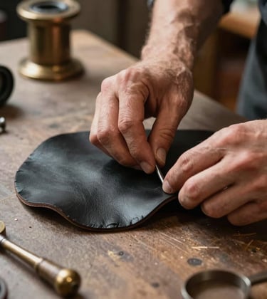 Close-up photography of a master artisan's hands working with thick, premium black leather on a clean workbench. Metallic bronze tools are visible. Soft, warm directional lighting. Western European studio aesthetic.
