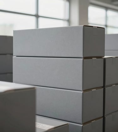 High-end product sourcing photography. A clean, minimal distribution space with matte gray packaging boxes neatly stacked. Bright, natural lighting from large windows. Minimalist, premium corporate feel. Western European logistics environment.