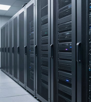 A professional photography shot of a sleek, modern IT server room. The composition uses leading lines, with server racks fading into the distance. Cool silver and dark gray metallic surfaces. North American corporate data center style.