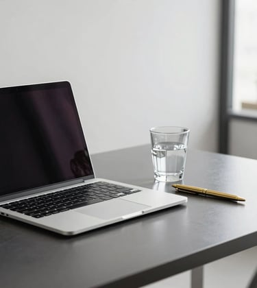 A minimalist workspace featuring a high-end silver laptop on a polished charcoal desk. Beside it sits a crystal water glass and a gold-nibbed pen. The setting is a clean, modern North American office with soft natural light.