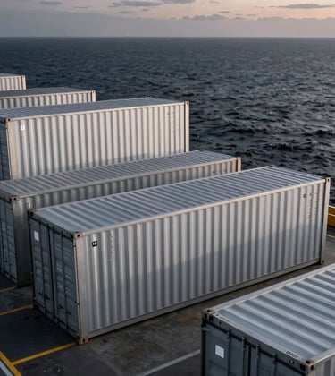 A high-contrast, professional photography shot of a modern shipping terminal at twilight. The scene showcases silver metallic containers and a dark charcoal ocean, representing global trade and ecommerce logistics.