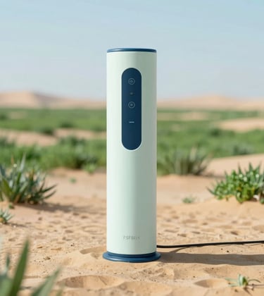 A professional shot showing innovative, sleek water technology hardware standing against a backdrop of successfully greened desert land, emphasizing sustainable innovation. The palette features #306B70 and #F5F8EF accents.