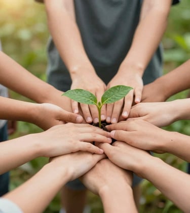 Close-up of a diverse group of hands coming together over a green plant sprout, symbolizing community and collective environmental action. Lighting is bright and warm, using #9CB887 tones.
