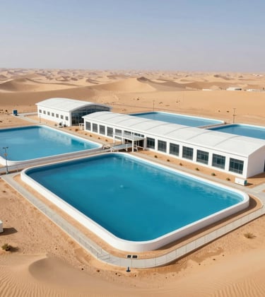 Wide shot of an innovative water desalinization or filtration plant integrated into a desert landscape, clean architecture, eco-friendly look.