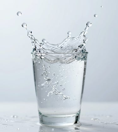 Crystal clear water splashing into a glass, high-speed photography, bright and airy feel, representing purity and life.