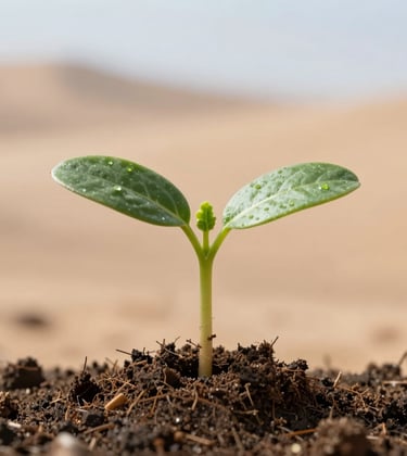 Close-up of a vibrant green seedling sprouting from fertile dark soil with a blurred desert background, soft lighting, showcasing growth and hope.