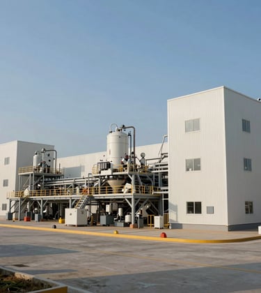 Clean, professional photography of a modern mining operation facility in Global / Emerging Markets. Wide-angle shot focusing on sophisticated technology and industrial excellence, under a clear daylight sky with off-white and medium blue tones.