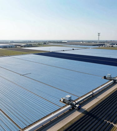 Professional aerial view of a large-scale commercial agricultural project in Global / Emerging Markets. The composition shows precise agricultural engineering and rows of crops under a bright, high-contrast sky, utilizing a palette of light blue and dark navy.