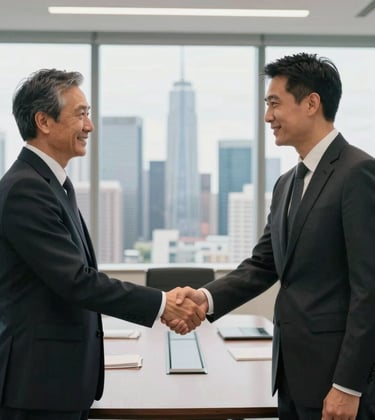 Two professionals in formal business attire shaking hands in a bright, modern boardroom with a backdrop of a skyscraper-filled skyline in an Emerging Markets financial hub.