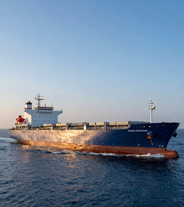 A high-end professional photograph of a large cargo vessel navigating a busy trade route at dawn, with deep blue waters and sky blue horizon, symbolizing global commodity flows.
