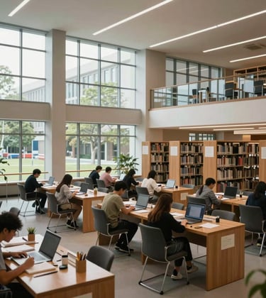 A wide shot of a modern university library with large windows and students studying, symbolizing education and student visa services.