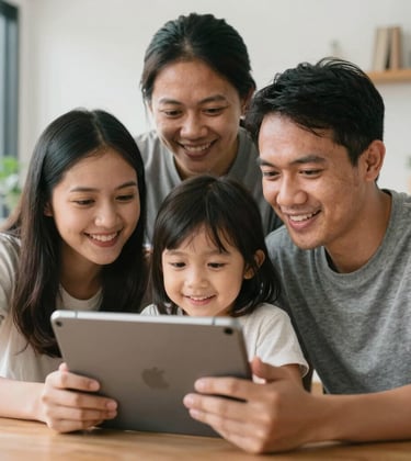 A close-up of a happy family, Southeast Asian / Indonesian, looking at a digital tablet together in a bright, modern living room.