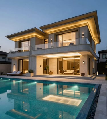 The exterior of a modern, opulent villa at night. Integrated smart lighting accentuates the sharp architectural lines in gold (#A8875D). The pool area glows with subtle teal (#2E7D8A) underwater lights. The scene reflects high-end security and outdoor automation in a polished, exclusive environment.