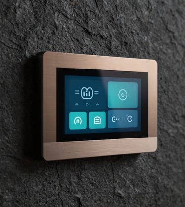A close-up of a minimalist, elegant wall-mounted smart touch panel with a brushed metal frame (#A8875D). The screen displays a sophisticated, unified UI with teal icons (#2E7D8A) for lighting and climate control. Set against a dark, textured stone wall in a luxury setting.