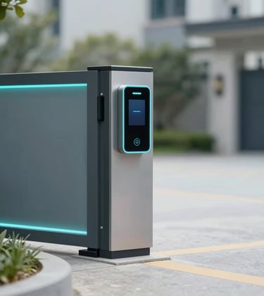 An uncompromising security scene: an elegant modern driveway gate with integrated facial recognition. The lighting is crisp and modern with teal-cyan (#2E7D8A) accents indicating an active, secure state.