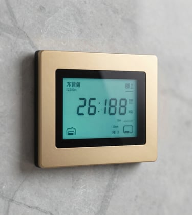 A close-up of a minimalist, high-end thermostat showing advanced climate control settings. The device is sleek with metallic gold (#A8875D) accents and a cool teal-cyan (#2E7D8A) digital display, set against a polished marble wall.