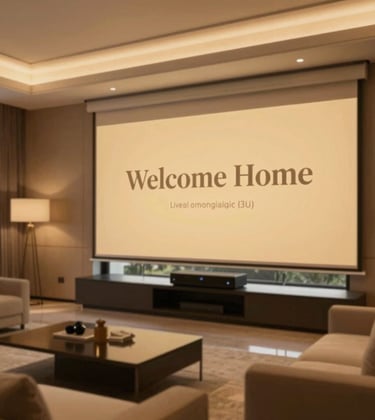 A luxury villa living room showcasing a 'Welcome Home' scene. Automated motorized shades are partially drawn, lighting is set to a warm amber glow (#A8875D), and the integrated AV system is discreetly visible. The vibe is sophisticated, comfortable, and flawlessly modern.