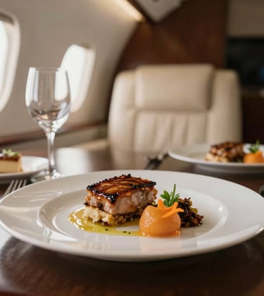 Close-up of a perfectly plated gourmet meal inside a luxury private jet cabin. Soft, warm lighting reflecting off crystal glassware, emphasizing a premium catering standard. Subtle hints of orange in the garnish.