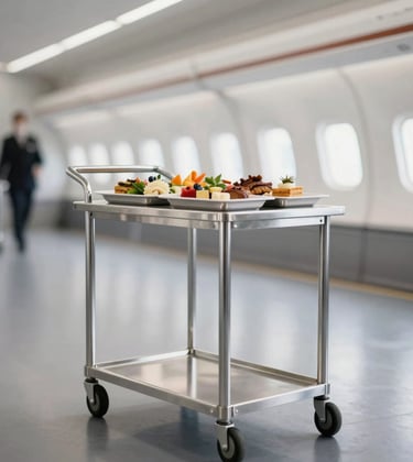 A professional catering cart being prepared for a commercial flight. Sleek stainless steel, organized gourmet trays, bright and clean studio-style lighting in an aviation hangar setting.