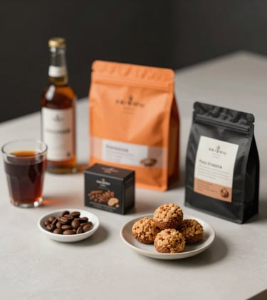A selection of premium snacks and beverages neatly arranged on a clean, modern surface. Sophisticated packaging, minimalist presentation, high-contrast lighting with deep shadows and orange accents.