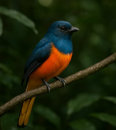 Photography of a rare, colorful bird perched on a branch within the Phulchoki jungle, functioning as an open zoo. The lighting is soft and filtered through deep muted forest green leaves, highlighting the vibrant plumage.