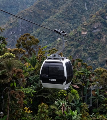 A sleek, modern cable car cabin moving over the dense, verdant forests of Godawari. The composition is from a slightly elevated angle, showing the scale of the 4600m journey against the dark slate grey mountain slopes.