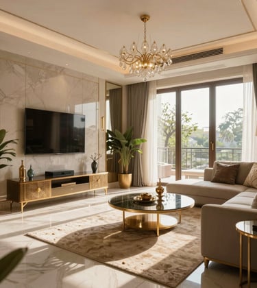 A wide shot of a luxury 3BHK apartment interior in India, contemporary South Asian decor with antique gold finishes, morning sunlight.