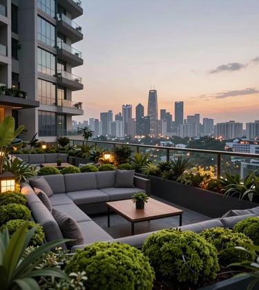 A terrace garden on a high-rise building in Ranchi, featuring comfortable seating, moss green plants, and a stunning view of the city skyline at dusk.