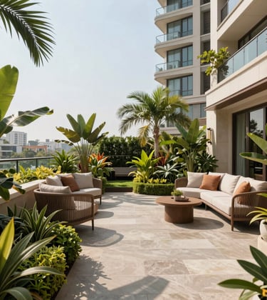 A lush rooftop terrace garden on a premium apartment building. Elegant stone flooring, manicured tropical plants, and comfortable outdoor seating under the bright sun. Sophisticated landscaping in a high-end South Asian / Indian residential environment.