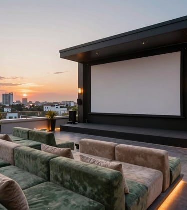 A luxury rooftop theatre setting at sunset. Large projection screen, plush seating areas with muted green and beige cushions, and soft ambient lighting. Elegant South Asian / Indian residential amenity with a view of the Ranchi city skyline.