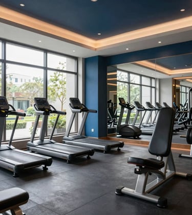 Interior of a modern, fully-equipped gym within a luxury residential project. High-end equipment, large windows with natural light, and sophisticated dark blue and gray accents. A clean and inviting fitness space in a South Asian / Indian setting.