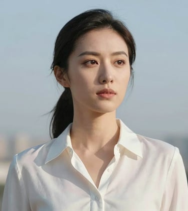 Close-up portrait of a focused female CEO in an elegant cloud white silk blouse. Neutral background with soft serene sky blue lighting. Sharp focus, capturing an air of authority and calm emotional intelligence.
