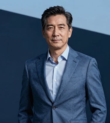 Portrait of a mature male executive in a strategic slate blue blazer, looking confident. Minimalist studio background with deep midnight blue shadows and serene sky blue highlights. High-end professional executive photography.