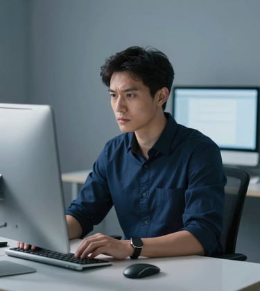 A professional trader in a deep midnight blue shirt, sitting before high-end clean desktop monitors. The lighting is strategic slate blue, highlighting a determined expression and focus. Minimalist, premium and professional workspace.