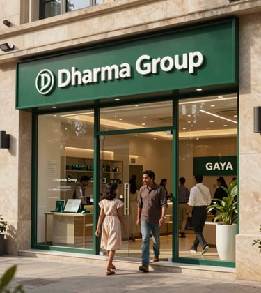 A wide shot of a modern travel agency storefront in Gaya with a South Asian / Indian family entering. The architecture is professional and sleek, using sand beige stone and deep forest green signage, embodying the reliable spirit of Dharma Group.