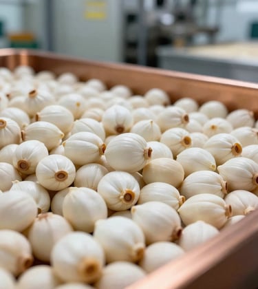 A close-up high-detail shot of premium, large white Makhana seeds (fox nuts) being sorted in a clean, modern South Asian / Indian manufacturing facility with warm bronze accents.