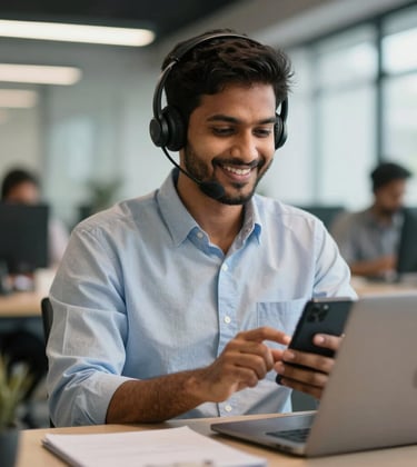 A friendly South Asian / Indian customer service professional in a modern office in Lakhisarai, smiling and typing on a smartphone, representing the WhatsApp booking service.