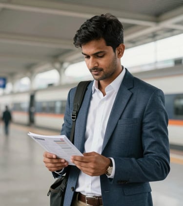 A professional traveler standing in a modern South Asian / Indian transport hub in Patna, dressed in smart-casual attire, holding a digital itinerary, with clean bright lighting.