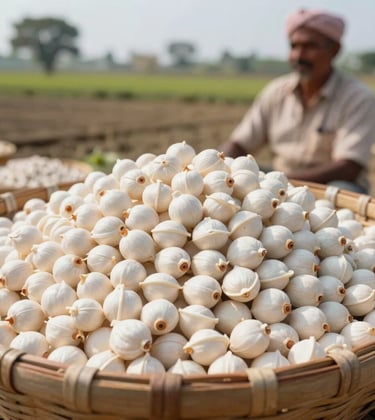 A high-quality close-up of harvested white Makhana seeds in a woven basket, set against a natural rural backdrop in Lakhisarai. The lighting is bright and natural, highlighting the purity of the product. The scene includes a South Asian / Indian farmer in traditional attire.