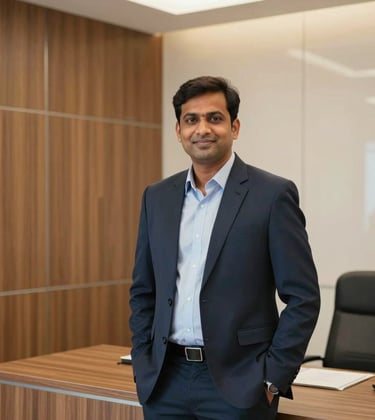 A professional South Asian / Indian business consultant in a modern office in Patna, Bihar. The office interior features elegant wood panels in muted gold and soft cream walls, reflecting a reliable corporate environment for travel and manufacturing logistics.