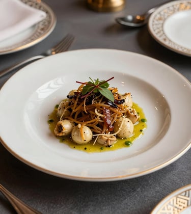 A close-up of a gourmet dish served in a luxury North African / Moroccan restaurant. Elegant presentation on Ivory porcelain with Muted Gold accents on a Charcoal tablecloth.