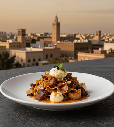 An elegant close-up of a gourmet Moroccan dish with modern plating, served on a dark charcoal table. In the background, a North African / Moroccan city skyline is visible under a muted gold twilight sky. Sophisticated and high-end aesthetic.