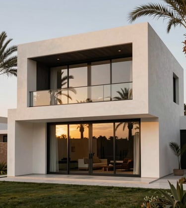 Modern and sleek architectural photography of a minimalist luxury villa in a North African / Moroccan palm grove. The facade is creamy off-white with dark charcoal steel accents, reflecting a muted gold sunset in its large glass windows.