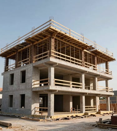 Luxury residential construction site showing structural engineering excellence and premium finishes in Portugal, natural daylight, sophisticated engineering visual.