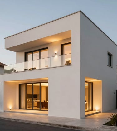 European Portuguese luxury residential villa exterior in Sintra, modern architectural lines, subtle warm gold exterior lighting, off-white render finish, sophisticated real estate photography.
