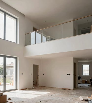 European Portuguese architectural construction site and interior remodeling project managed by Brigitte Works, precise engineering details, modern high-end interior finishes, natural light.