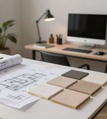 Architectural studio setup with modern blueprints, material samples, soft champagne gold details and high-end workstation in a contemporary European Portuguese studio.
