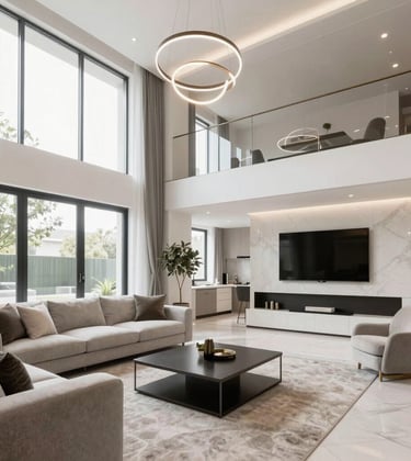 Sophisticated real estate consultation space in Lisbon with elegant warm gold and slate accents, European Portuguese setting, high-end professional commercial photography.
