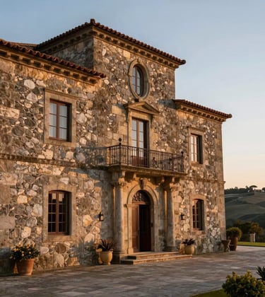 European Portuguese exclusive rustic quintas and luxury heritage estate in Douro region, refined stone architectural detailing, warm sunset lighting, prestige property showcase.